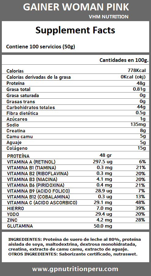Gainer Woman Pink Información Nutricional VHM Nutrition