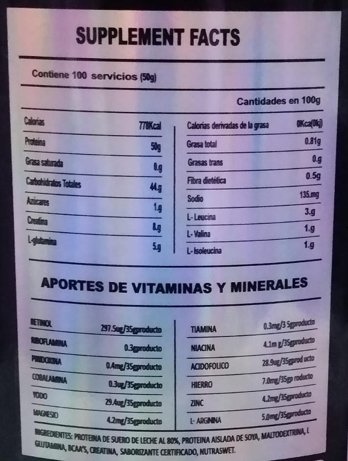 T-800 Gainer Optimus Mass - Información Nutricional VHM Nutrition