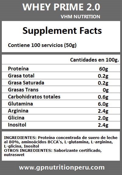 TABLA NUTRICIONAL WHEY PRIME 2.0 VHM NUTRITION 5 KG